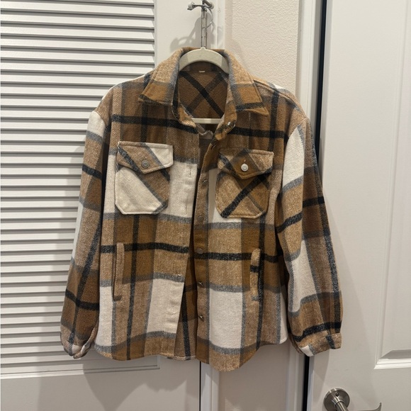 Chic Tan Plaid Shacket - Picture 1 of 3